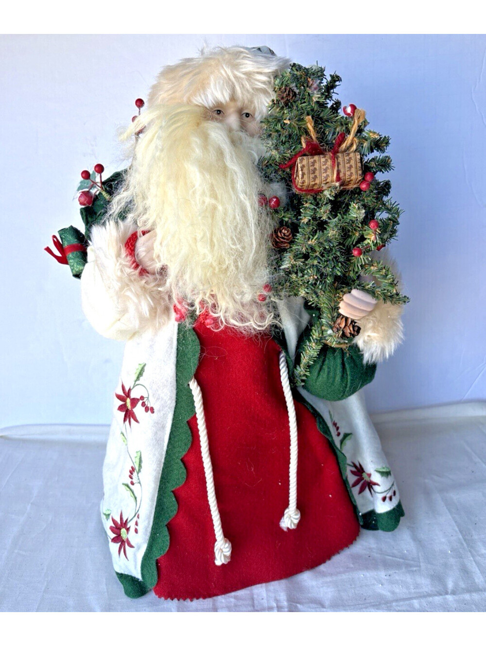 Vintage White Santa Claus Figurine 17” Embroidered Felt Coat, Gifts & Tree Decor